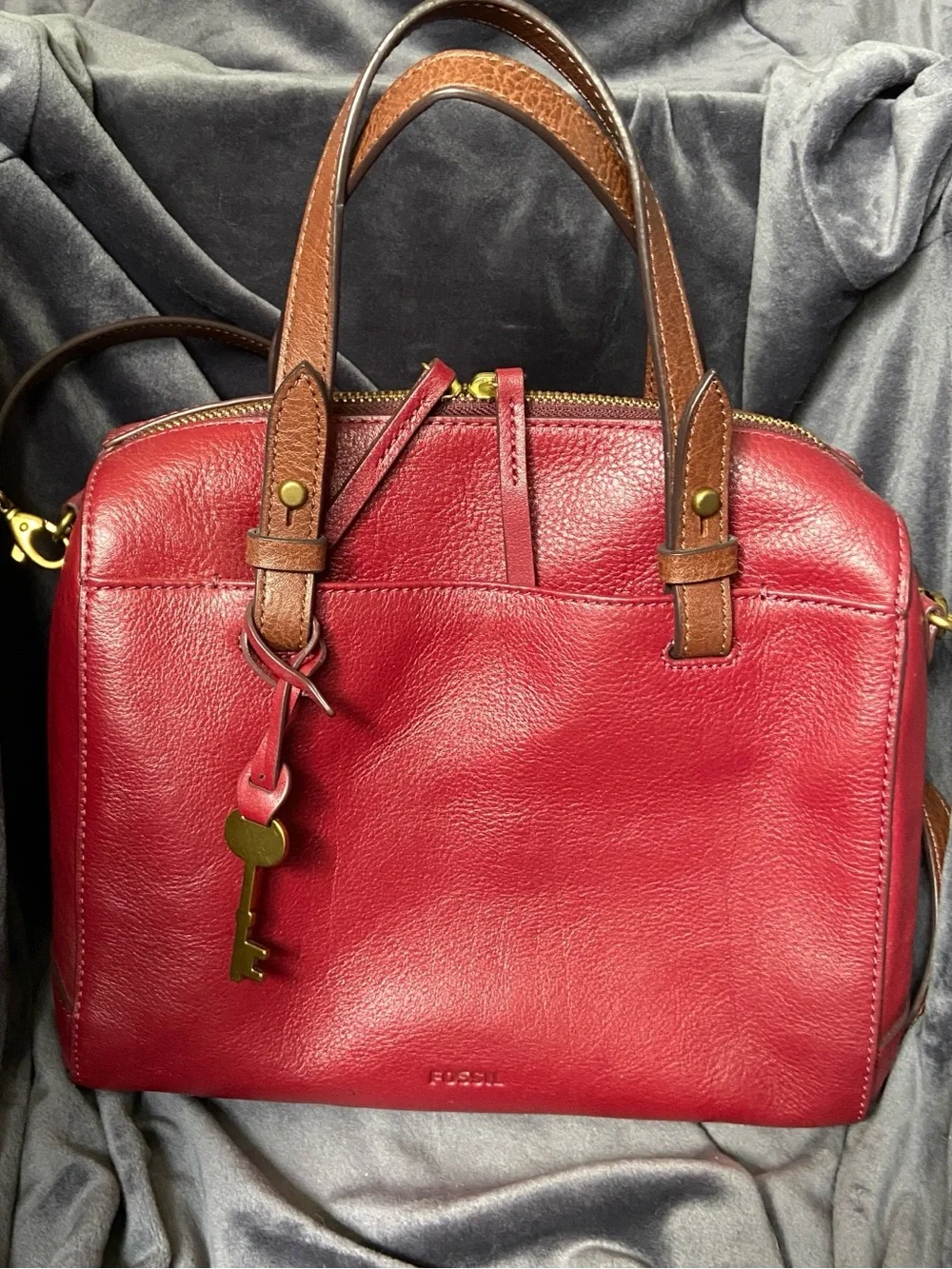 Fossil Rachel Leather Satchel Red Burgundy Crossbody Brown Handles Key Charm